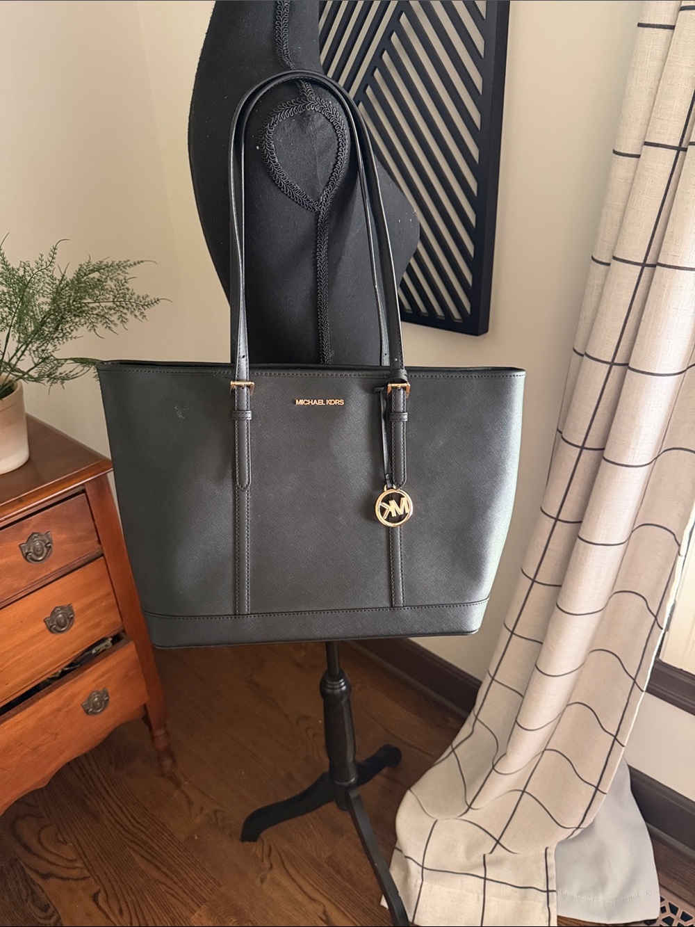 Michael Kors Black Saffiano Leather Tote with Gold MK Charm